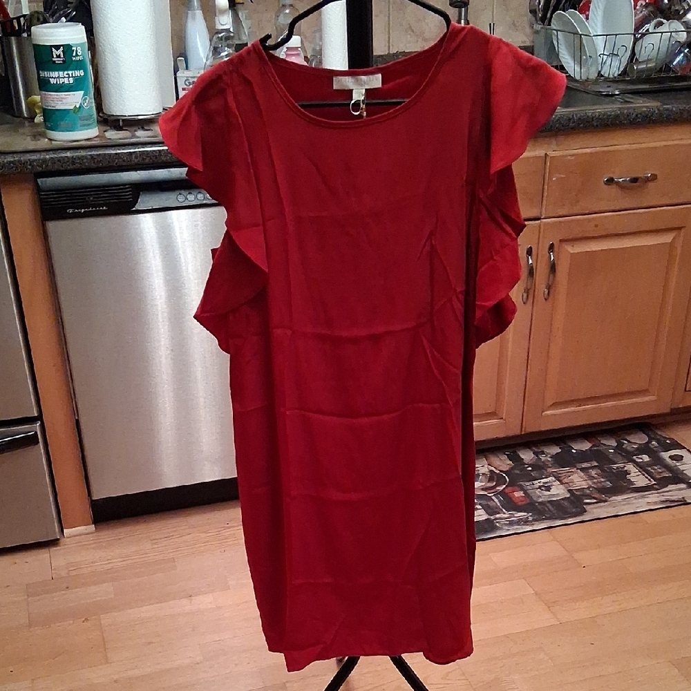 Elegant Red Midi Dress with Ruffle Detail 100% Silk Bust 17 Length 34